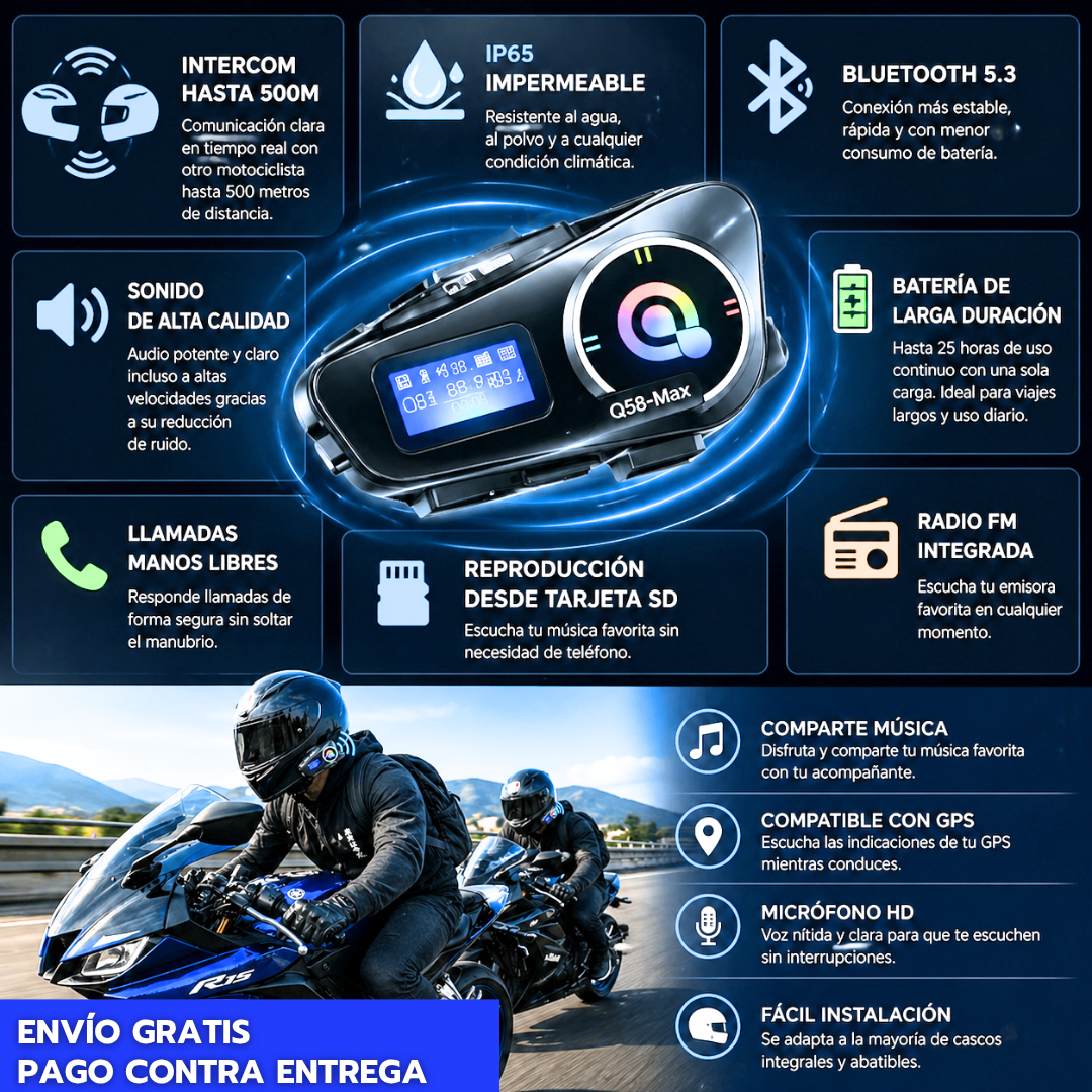Intercomunicador Q58 Max Bluetooth 5.3 Moto | Comunicación hasta 500m + Batería 25H + IP65