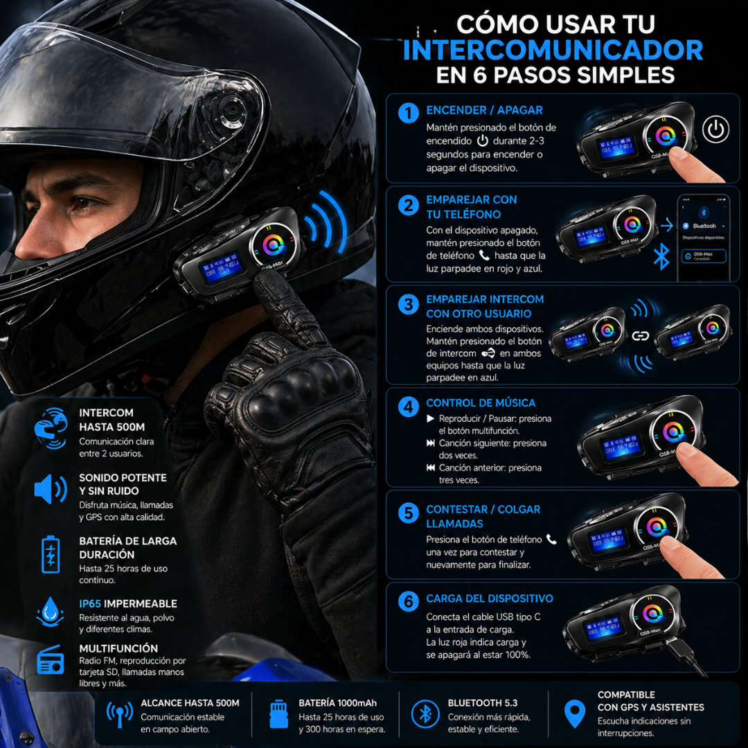 Intercomunicador Q58 Max Bluetooth 5.3 Moto | Comunicación hasta 500m + Batería 25H + IP65